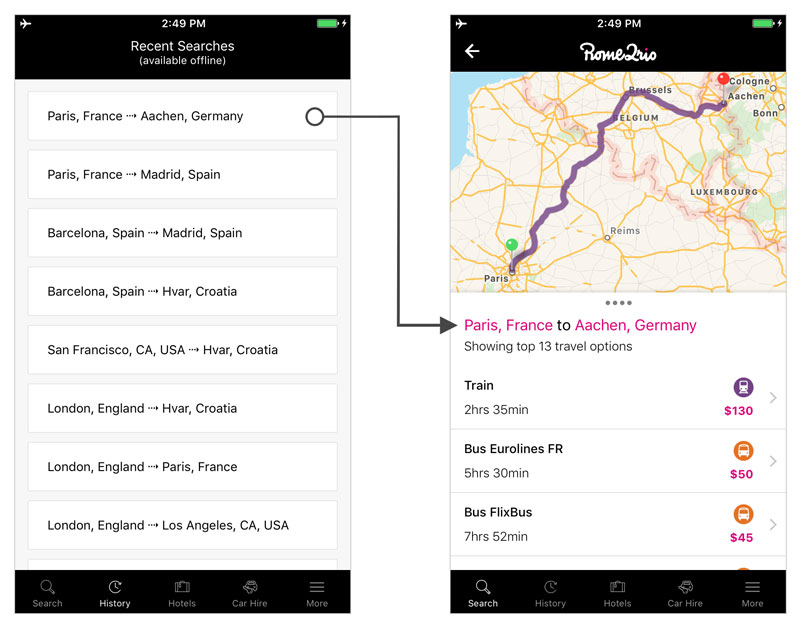 Rome2rio iOS app in offline mode