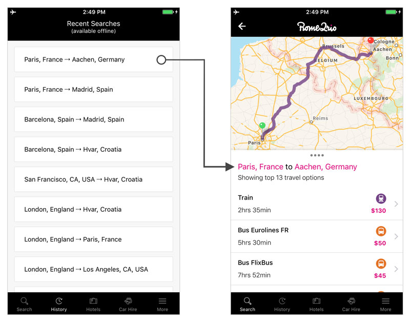 Rome2Rio iOS app in offline mode